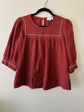Boheme Womens Boho Top, Brick Red Gauze 3/4 Length Sleeve Size S